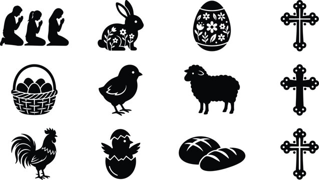 Easter religious holiday silhouette icon set featuring praying people rabbit decorated egg basket chick sheep and cross vector