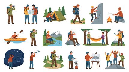 Fototapeta premium Flat Style Vector Icons of People Enjoying Outdoor Activities and Camping
