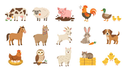 Fototapeta premium Cute Farm Animals Collection, Flat Vector Illustration