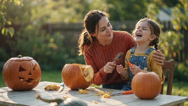 Mother and daughter carving pumpkins outdoors for halloween