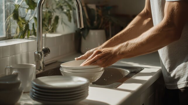 young man washing plates at kitchen sink, soft daylight, clean minimal kitchen, realistic textures