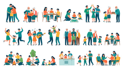 Fototapeta premium Flat Style Vector Illustration of Diverse Families and Generations Celebrating Life Together