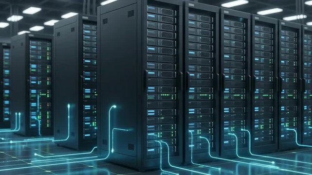Modern server racks in a data center with glowing digital data streams and network visualizations, High-tech server room with futuristic data flow graphics and server infrastructure