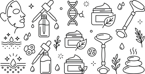 Skincare and anti aging beauty line icon set featuring face masks serum droppers organic creams and jade rollers © Hafizul