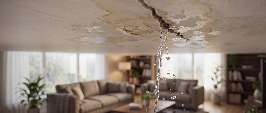 Living room stained ceiling water leaking from cracked hole