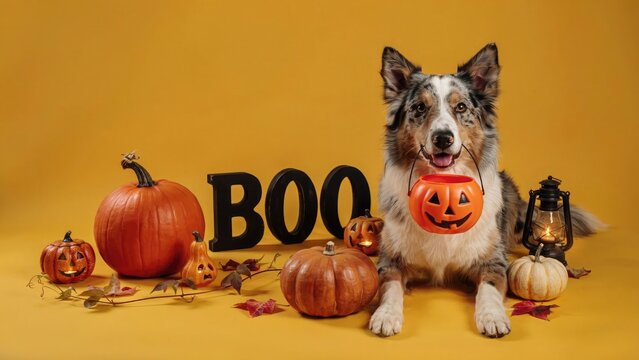 Australian shepherd with halloween pumpkins and decorations