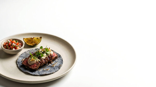Steak tacos with pico de gallo and lime on a white ceramic plate food photography