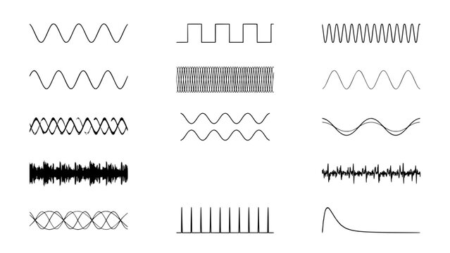 Collection of Fifteen Distinct Sound Wave Patterns, Illustrating Various Waveforms and Signal Types Featuring Waveform, Pattern, Graphic