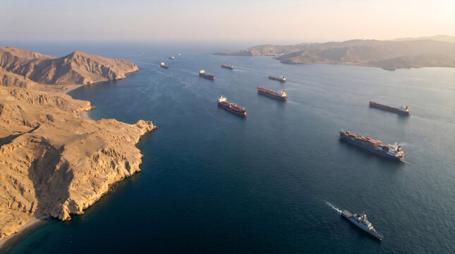 Aerial view of multiple crude oil tankers anchored in the Strait of Hormuz, one of the world's most strategically important maritime shipping routes connecting the Arabian Gulf and the Gulf of Oman.