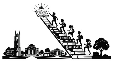 Obraz premium Students climbing book staircase to achieve education goals