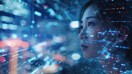 Fototapeta premium Woman looking at futuristic data
