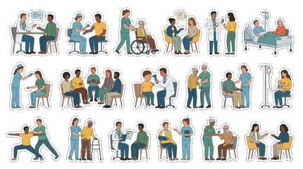 Fototapeta premium Diverse Medical Healthcare Professionals and Patients Flat Vector Illustrations Set for Hospital Care