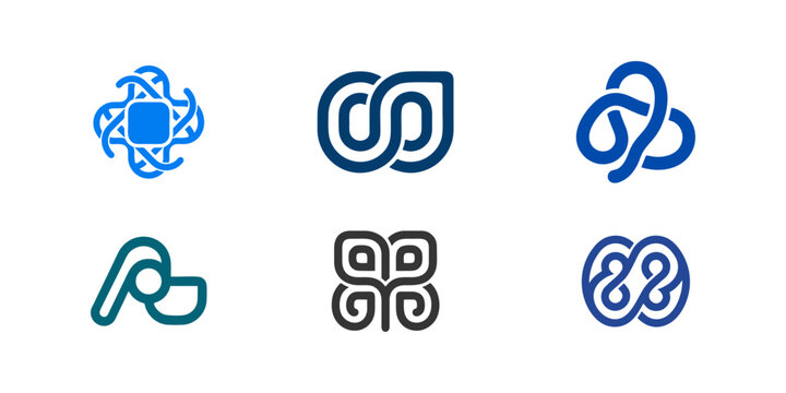 Set of abstract geometric logo templates with modern minimalist loop and infinity concepts in blue and teal