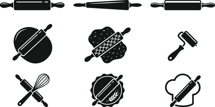 Rolling Pin and Baking Tool Icon Collection Featuring Kitchen Utensils Pastry Preparation and Cooking Symbols