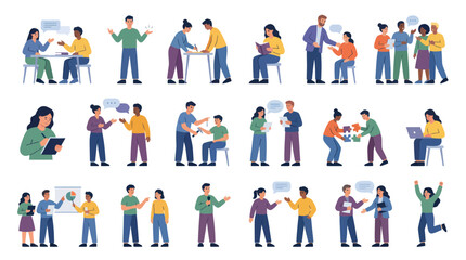 Fototapeta premium Flat Illustration Set of Diverse People: Business Communication, Teamwork, Collaboration, and Learning Concepts