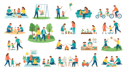 Naklejka premium Family Activities Vector Flat Art: Picnic, Park, Gardening, Sports, Games, Crafts