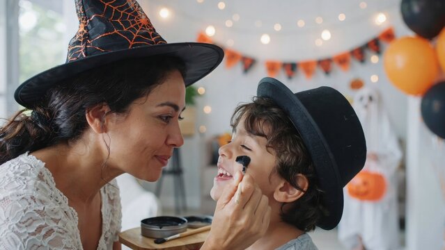 Mother applying halloween face paint to son festive family celebration