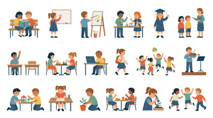Fototapeta premium Flat Style Vector Illustration of Diverse Children in Educational Activities
