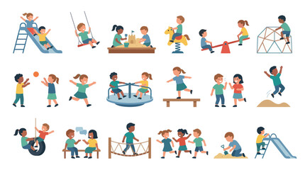 Fototapeta premium Children playing on playground equipment, flat vector illustration
