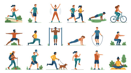 Fototapeta premium Flat Vector Illustration of People Doing Various Exercises and Physical Activities for Health and Fitness