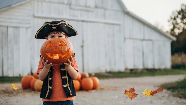 Young boy in pirate costume holding jack o' lantern on autumn day