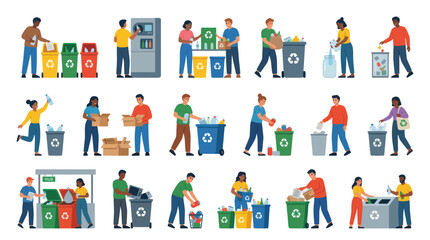 Fototapeta premium Recycling and Waste Sorting Flat Design Vector Illustration Set for Environmental Protection and Sustainability