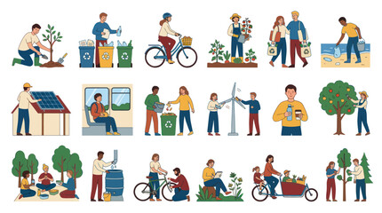 Fototapeta premium Flat Vector Illustration of People Practicing Eco-Friendly Lifestyles