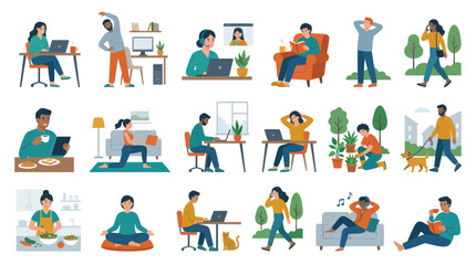 Fototapeta premium Flat Design Lifestyle Illustration: People Working Remotely, Exercising, and Engaging in Daily Home Activities Self-Care