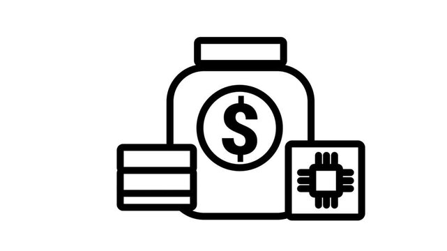 Smart Fintech Banking Icon. Animated line icon of a money jar and cash coins integrated with a digital microchip for smart fintech.