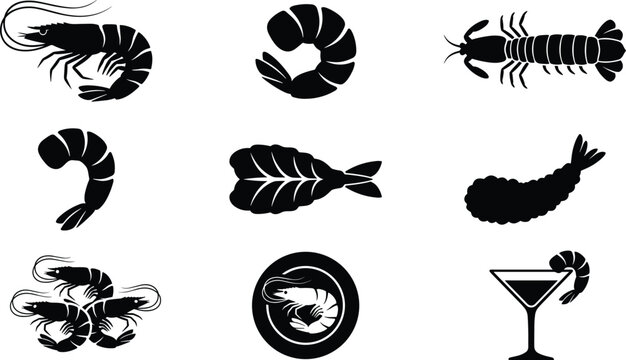 Shrimp and prawn silhouette vector icon set featuring seafood cocktail tempura crawfish and butterfly shrimp for restaurant menu and kitchen design
