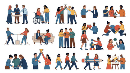 Fototapeta premium Diverse Teamwork and Collaboration Flat Vector Icons Set