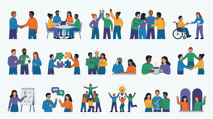 Fototapeta premium Diverse Business and Social Teamwork Flat Vector Illustration Set: Collaboration, Inclusion, Community, and Partnership Concepts
