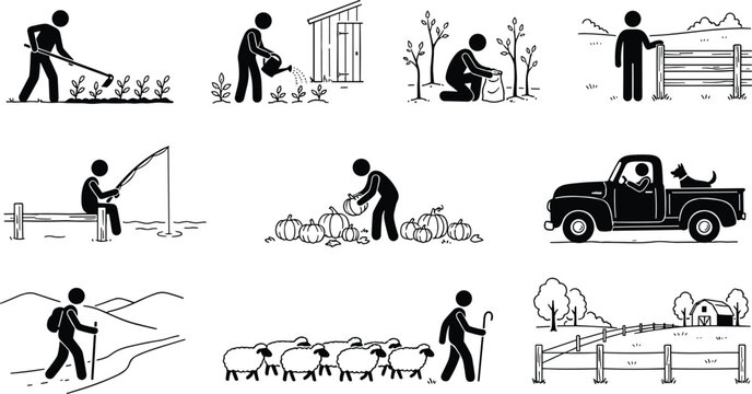 Farming and countryside life stick figure icon set showing agriculture harvesting herding sheep fishing driving pickup truck vector