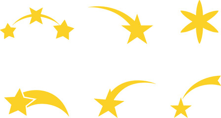 Yellow shooting star icons vector set, flat magic trail comets, cosmic meteor pointers and sparkle graphic elements © Puley