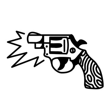 Gritty vintage revolver pistol firing comic line art icon