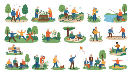 Fototapeta premium Active Seniors Lifestyle Flat Vector Illustration. Elderly People Enjoying Outdoor Hobbies and Activities.