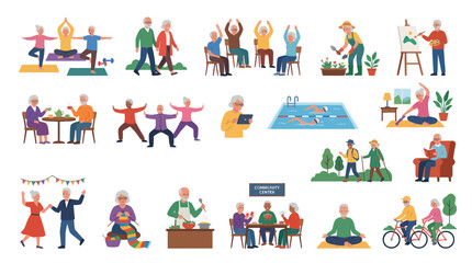 Fototapeta premium Healthy Aging Flat Illustration: Active Elderly People Engaged in Diverse Retirement Activities