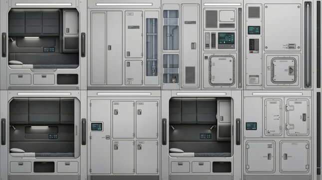 Detailed futuristic sci-fi spaceship interior with modular bunk beds, control panels, and storage. Ideal for space exploration & habitat concepts.