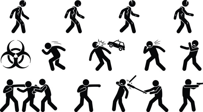Zombie apocalypse stick figure icon set showing infected walkers biohazard sign virus breakout outbreak attack and survival vector