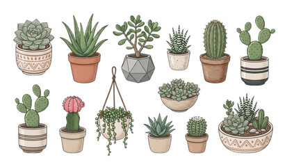 Hand Drawn Botanical Succulent and Cactus Pot Collection Vector © Prodip