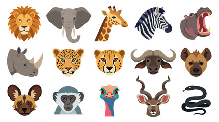 Fototapeta premium Flat Style Safari Animals Vector Icons: Lion, Elephant, Giraffe, Zebra, Hippo, Rhino, Leopard, Buffalo, Hyena, Wild Dog, Monkey, Ostrich, Kudu, Snake