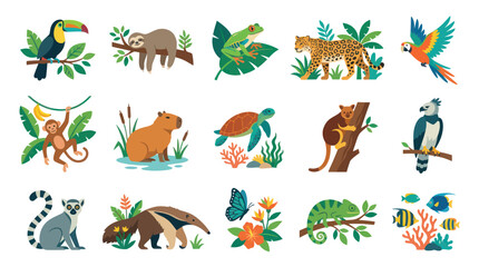 Fototapeta premium Flat Tropical Rainforest Animals Vector Illustration - Toucan, Sloth, Monkey, Jaguar