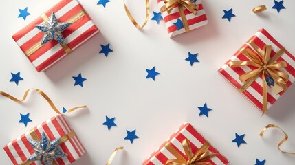 Obraz premium Presents decorated with blue stars and red stripes are arranged neatly on a white surface with confetti.