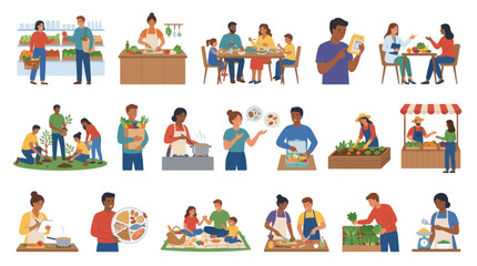 Fototapeta premium Healthy Food and Nutrition Lifestyle Activities Flat Vector Illustration Set