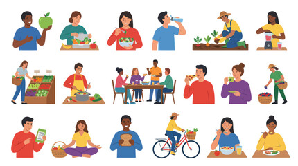 Fototapeta premium Healthy Lifestyle Flat Illustrations: Diet, Exercise, Farming, Cooking, Nutrition