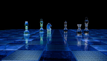 Captivating chess scene featuring glass chess pieces reflective blue board, creating striking visual contrast. arrangement © BHP Studio