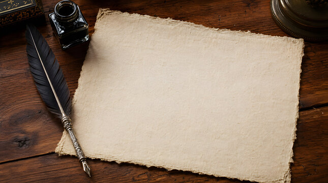 Vintage quill pen with inkwell and aged parchment on wooden desk