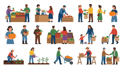 Fototapeta premium Flat Vector Illustration of Farmers Market People Buying and Selling Fresh Produce