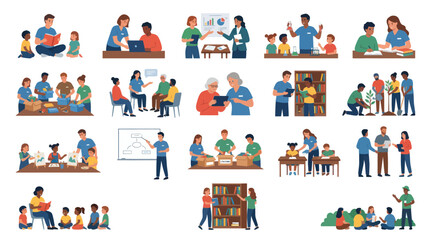Fototapeta premium Flat Style Vector Icons of Diverse People Teaching, Learning, Volunteering, and Working Together