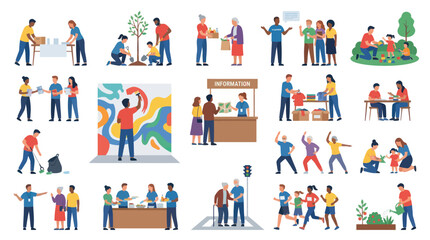 Fototapeta premium Flat Vector Illustration Set: People Volunteering, Community Service, Charity and Social Help Activities